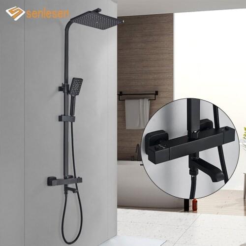 Senlesen Shower Faucet Thermostatic Matte Black Bathroom System Brass Rainfall Shower Head Wall Mounted Bathtub Tap Mixer Water