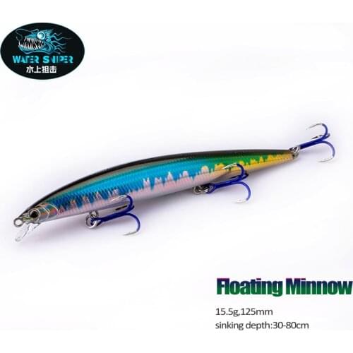 WATER SNIPER Fishing Hard Lures 15.5g125mm Floating Minnow 125F With Treble Hooks LongCasting Pike Bass