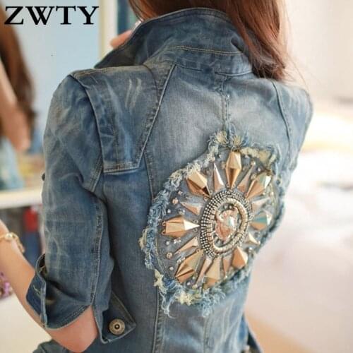 ZWTY Rhinestone Beading Womens Jean Jacket Autumn Half Sleeve Frayed Washing Denim Coats Single Breasted Button Women Jackets