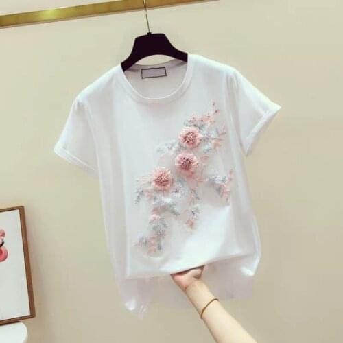 2021 summer new style Korean fashion embroidery flower decoration round neck T-shirt women casual all-match top trend