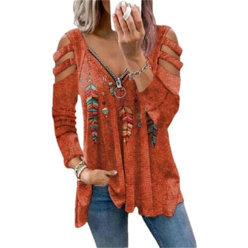 2021 Autumn Women Loose T-shirts Casual V Neck Off Shoulder Long Sleeve Zipper Shirt Hollow Out Floral Printed Tops Streetwear