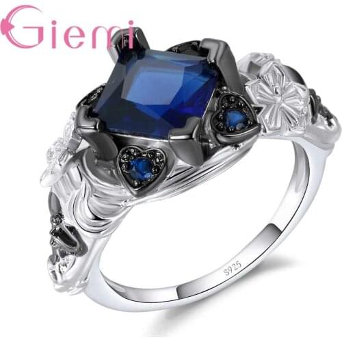 Hot Fashion Jewelry Inlaid Square&Heart Blue Crystal 925 Sterling Silver Ring for Women Girls Engarve Flower Skull Shape