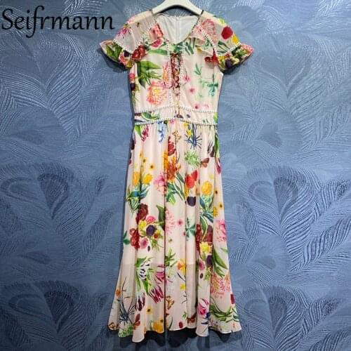 Seifrmann New 2021 Summer Women Fashion Runway Party Long Dress Short Sleeve Gorgeous Ruffles Beading Floral Printed Dresses