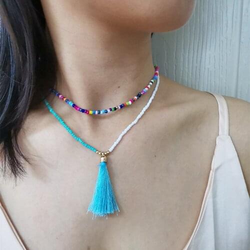 Boho Multicolor Beads Link Clavicle Womens Necklace Fashion Handmade Geometric Shell Pendant Vocation Necklace Femme Collier