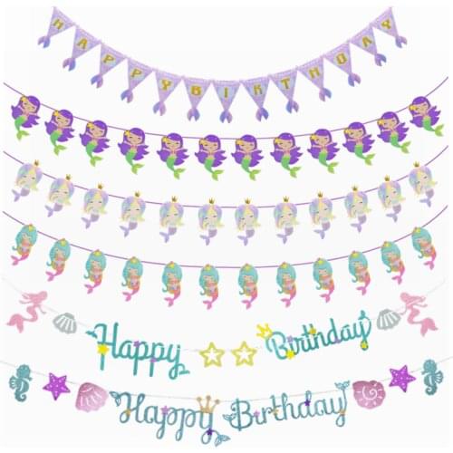 1Set Mermaid Theme Birthday Party Banner Happy Birthday Mermaid Paper Garland Kids Favor Hanging Decoration Baby Shower Supplies