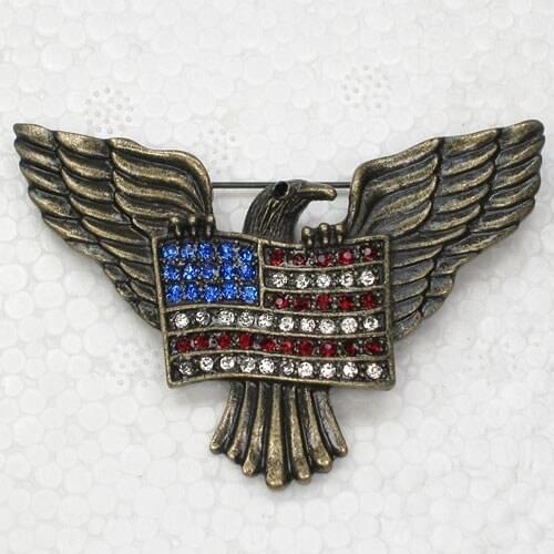 Antique bronze US Flag Eagle Brooch Rhinestone Pin brooches C914 E4
