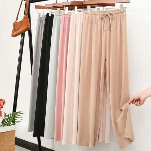 Ice silk mopping wide-leg pants summer new Korean version of the drape stretch high waist tie wide loose straight casual pants