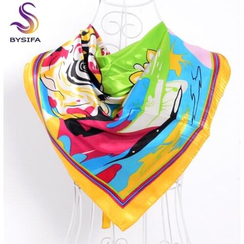 [BYSIFA] Pink Satin Silk Scarf Shawl 100*100cm Fashion Accessories Brand Flower Pattern Design Autumn Winter Square Scarves Wrap