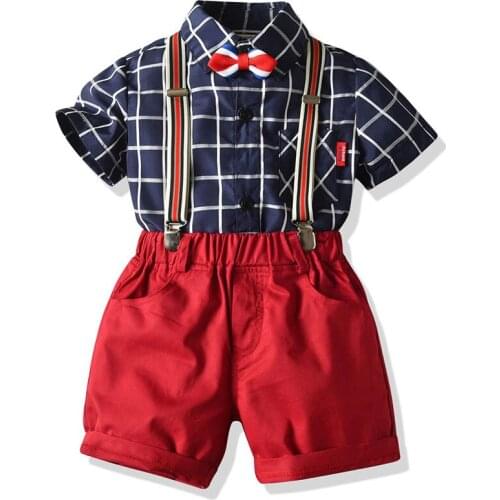Baby Boy Gentleman Clothes Summer Children Wedding Suit Boys Birthday Party Kids Clothing lattice Shirt+Belt Pant Tie Boy Set
