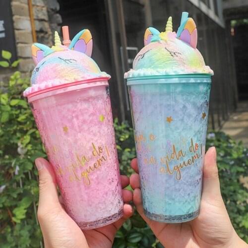 Double Layers Unicorn Plastic Water Bottle With Straw Korean Style Cute Summer Cool Broken Ice Cup For Milk Coffee Tea Cup