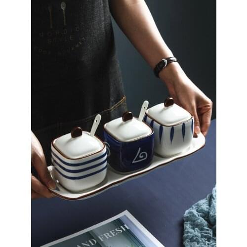 Ceramic Illustration Hand-painted Wind Salt MSG Seasoning Box Vinegar Pot Chili Oil Household Kitchen Combo Set with Lid