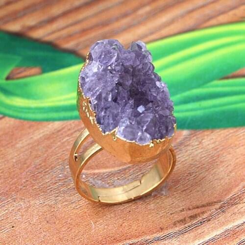 KFT Natural Healing Crystal Quartz Stones Irregular Shape Reiki Amethysts Purple Stone Resizable Finger Rings Women Men Jewelry