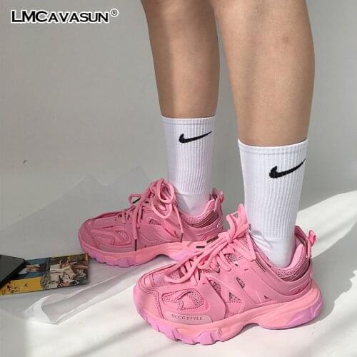LMCAVASUN Classic Fashion Track Women Sneakers Pink Lace Up Extend Sole Mesh And Leather Trainers Woman