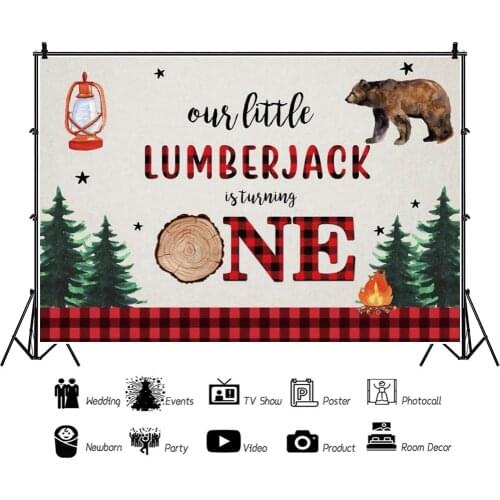 Lumberjack Bear 1 Year Old Children Background Decoration Photography Studio Kids Birthday Party Photo Backdrop Cloth
