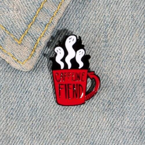 Red Letter Coffee Mug Pins Metal For Backpack, Arrow Handle Brooch, Little White Ghost Of Hot Coffee Shirt Badge
