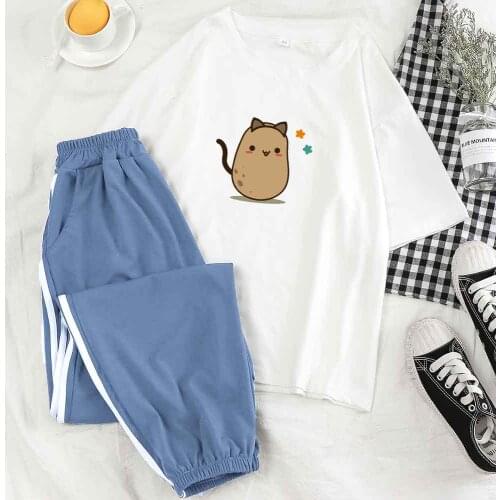 Cute Cat Potato Pajamas Set Female Pajamas Women Sexy Plus Size Sleepwear Set Designer Sleep Tops Female Lounge Wear Pants Suit
