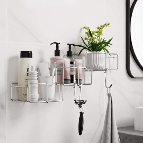 ORZ Bathroom Storage Organizer Wall Mounted Shower Caddy Basket with Hooks Adhesive No Drilling Shampoo Container Shelf Rack