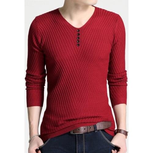Spring Autumn Pullovers Man Casual Wear V Neck Solid Mens Sweaters Korean Fashion Black Wine Red Solid Color Knitted Sweaters
