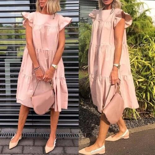 Women Casual Solid Color O Neck Ruffled Short Sleeve Large Hem A Line Midi Dress Womens Clothing Summer Dresses Female Vestidos