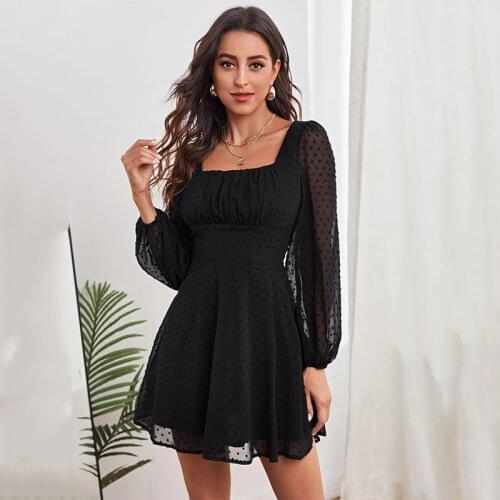 Ardm Elegant Square Neck White Dresses For Women 2021 High Waist Lantern Sleeve A-Line Dot Lace Office Ladies Mini Dress Vestido