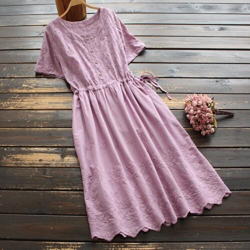 New Summer Womens Artistic Korean-Style Solid Color Dress Cotton Embroidered Short-Sleeved Slim Dress Thin Cute girl 2020