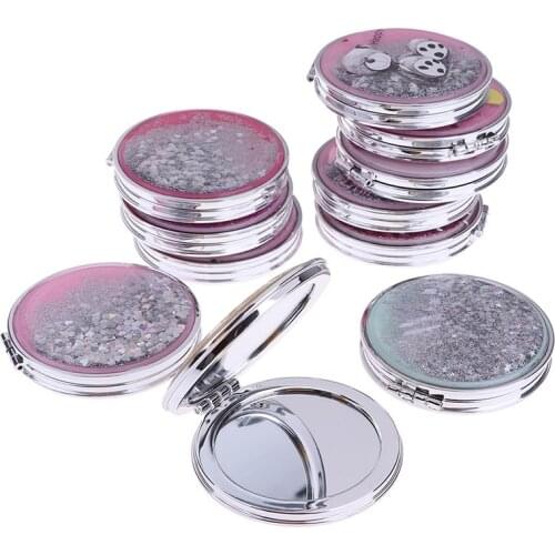 Portable Double Sided Folding Cosmetic Mirror Mini Make-Up Mirror With Sparkling Flowing Sand Compact Pocket Mirrors