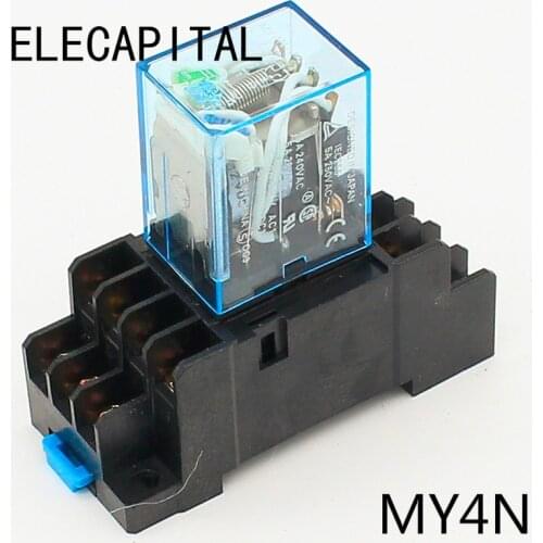 MY4 Power Relay MY4NJ with Din Rail Mount Socket Base 14 Pins 12V/24V 110V/220V MY4N Relay Switch