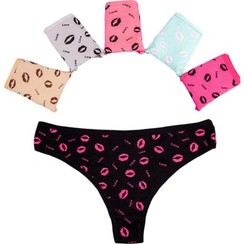 5 Pcs/set Sexy Womens G-Strings Cotton Thong Girls Ladies Panties Lip Print Kawaii Cute Dot Underwear Wholesale Free shipping