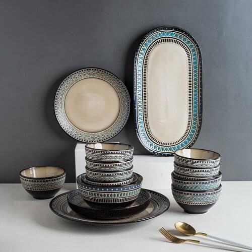 Blue Porcelain Dinner Set Plates Dishes Luxury Gold Inlay Ceramic Cake Food Plate Bowl Tableware Plates Full Set for Restaurant