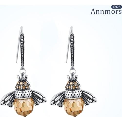Amber Bee Drop Earrings Lovely 925 Sterling Silver 2021 Trend Animal Elegant Banquet Xmas Wife Woman Jewelry Hang Earrings Gifts