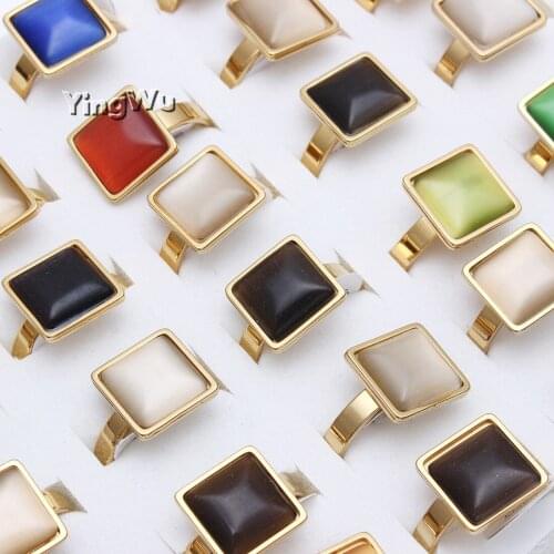 YingWu Retro Women Luxury Mix Color Cat Eye semi-precious stone Titanium Stainless Steel Ring Square 20pcs Free Shipping