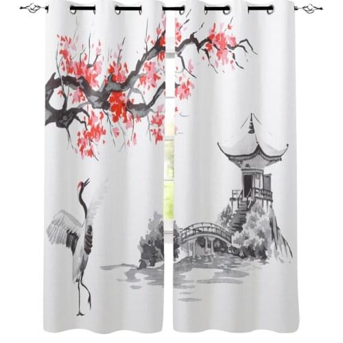 Crane Plum Tree Pavilion Ink Chinese Style Blackout Curtains For Boys Girls Bedroom Kids Curtains For Living Room Decoration