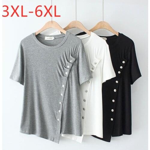 New 2021 Ladies Summer Plus Size Knit Tops For Women Large Short Sleeve Loose Gray White Button O-neck T-shirt 3XL 4XL 5XL 6XL