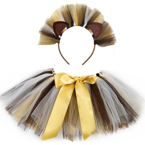 1-12 Years Lion Tutu Skirt for Girls Borwn Zoo Animal Costume with Headband Kids Toddler Fluffy Dance Skirt School Performance