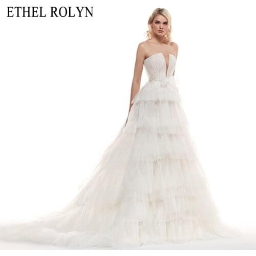Ruffles A-Line Lace Wedding Dress 2021 Illusion Point Wave Strapless Bow Appliques Boho Customized Bride Gowns Vestido De Novia