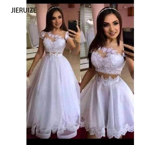 JIERUIZE White Lace Appliques Detachable train Wedding Dresses 2 in 1 Bridal Wedding Gowns Vestido De Novia