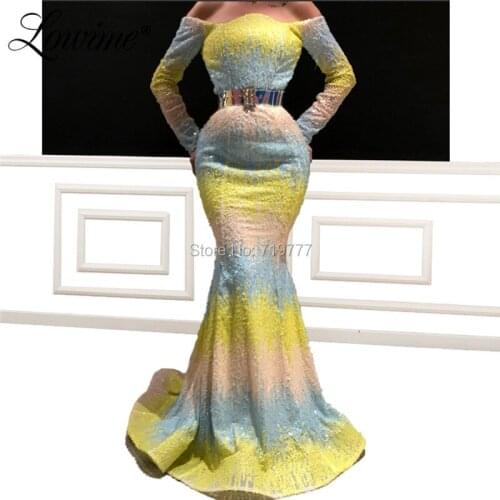 Off The Shoulder Formal Sequin Evening Dress 2019 Mermaid Arabic Turkish Long Sleeves Party Gowns Robe De Soiree Prom Dresses