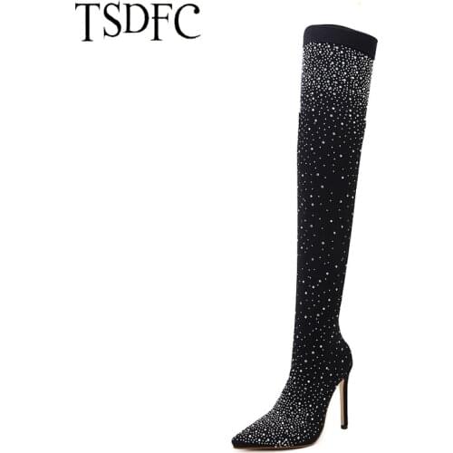 2021 Winter Over The Knee Women Boots Stretch Fabrics Boots Fashion High Heel Slip on Shoes Pointed Toe Long Boots Plus Size 43