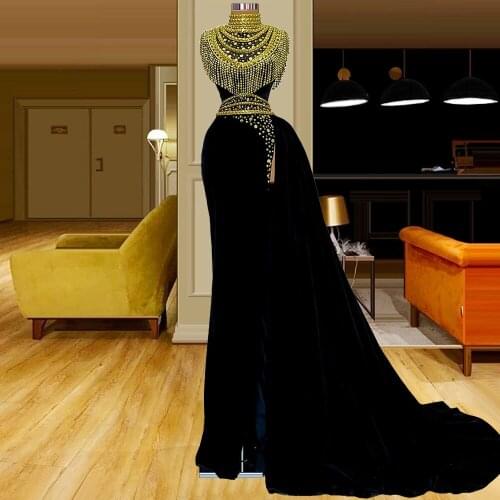 Gold And Black Arabic Evening Dresses 2021 High Neck Beads Tassels Mermaid Prom Gowns Birthday Party Wear Dress