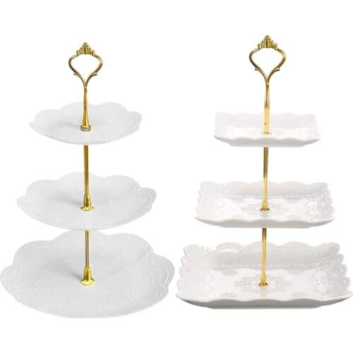 2pcs 3 Tier White Square&Round Cake Stand,Dessert Cookie Candy Fruit Tower Tray for Wedding Parties Home Decor