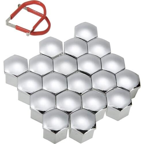 20pcs 19mm Car Wheel Nut Bolt Head Cover Cap Exterior Decoration Protecting Protective Bolt Caps Chrome Silver + Removal Tool