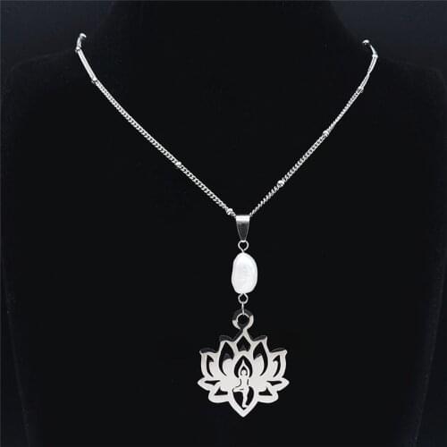 2021 Bohemia Yoga Lotus Freshwater Pearls Stainless Steel Necklaces Pendants Women/Men Silver Jewelry collier boheme NXS04