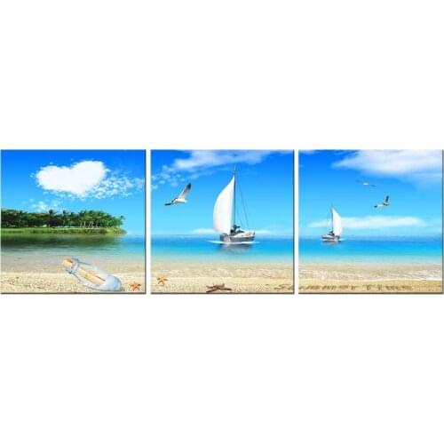 3 Piece Canvas Wall Art Blue Sea Beach Decor Boats Painting Picture Print Canvas poster Pictures For Living Room wall decor
