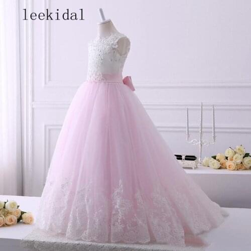 White Lace Beading Top Pink Bottom Princess Flower Girls Dresses Vintage Girls Birthday Party Celebration Dresses Custom
