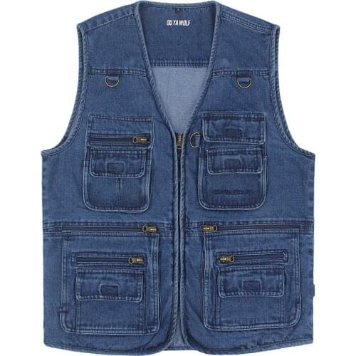 Men Multi-Pocket Classic Waistcoat Denim Vest Cotton Sleeveless Jackets Blue Fishing Vest Coat Work Vest Photographer Tactical