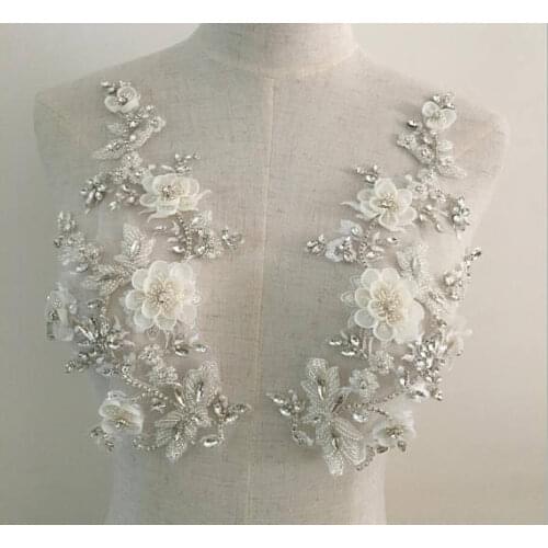 Rhinestone bead applique with 3D artificial flower, handmade rhinestone applique for bridal sash, bridal headpiece, one piece