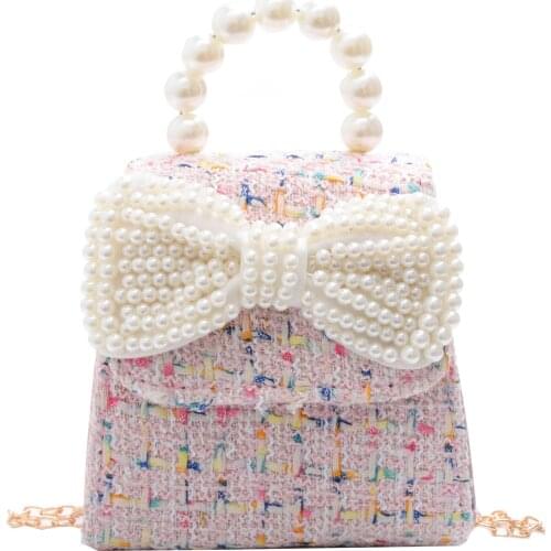 Canvas Children Shoulder Bags Kids Messenger Bags Fashion Pearl Crossbody Bags for Girls Bowknot Handbags Cute Infant Coin Purse