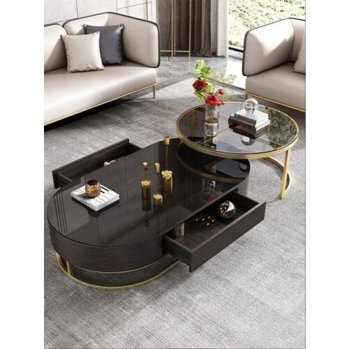 Italian luxury rock flat coffee table small living room stainless steel round glass household telescopic TV cabinet combination