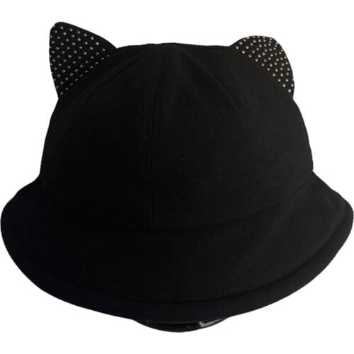 Women Bucket Cap Riveting Cat Ears Men Fisherman Hat Day to Day Activity Multicolor Sun Protection Foldable Hat