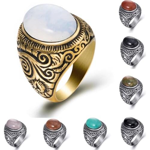 Mens Womens Natural Oval Turquoises Black Onyx Moonstone Silver Gold Stainless Steel Ring Gift Jewelry Plus Size 8-15
